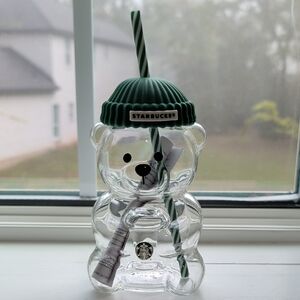 20oz Bearista Starbucks Clear Bear Tumbler with Green Lid and Straw